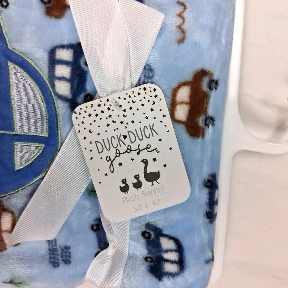 Duck Goose Blue Car‎ Beep Baby Blanket  Embroidered Boy Fleece Soft Lovey NWT